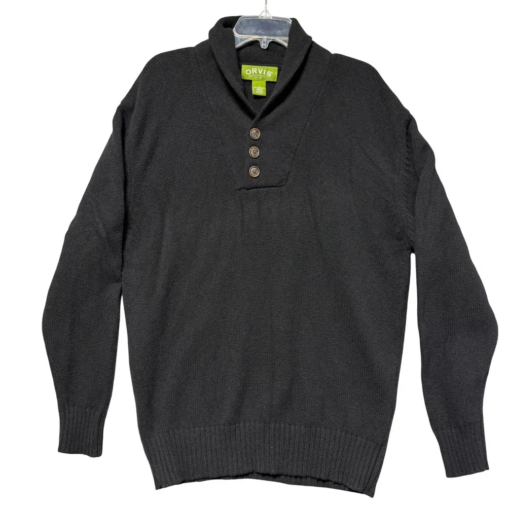 Orvis Mens Shawl Collar Lambswool Sweater Charcoal Black 3-Button Knit Large